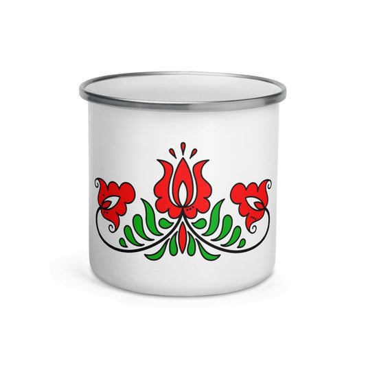 Hungarian Folk-Art Design Decorated Enamel Coffee Mug - Koppány - Red Rosehip Studio