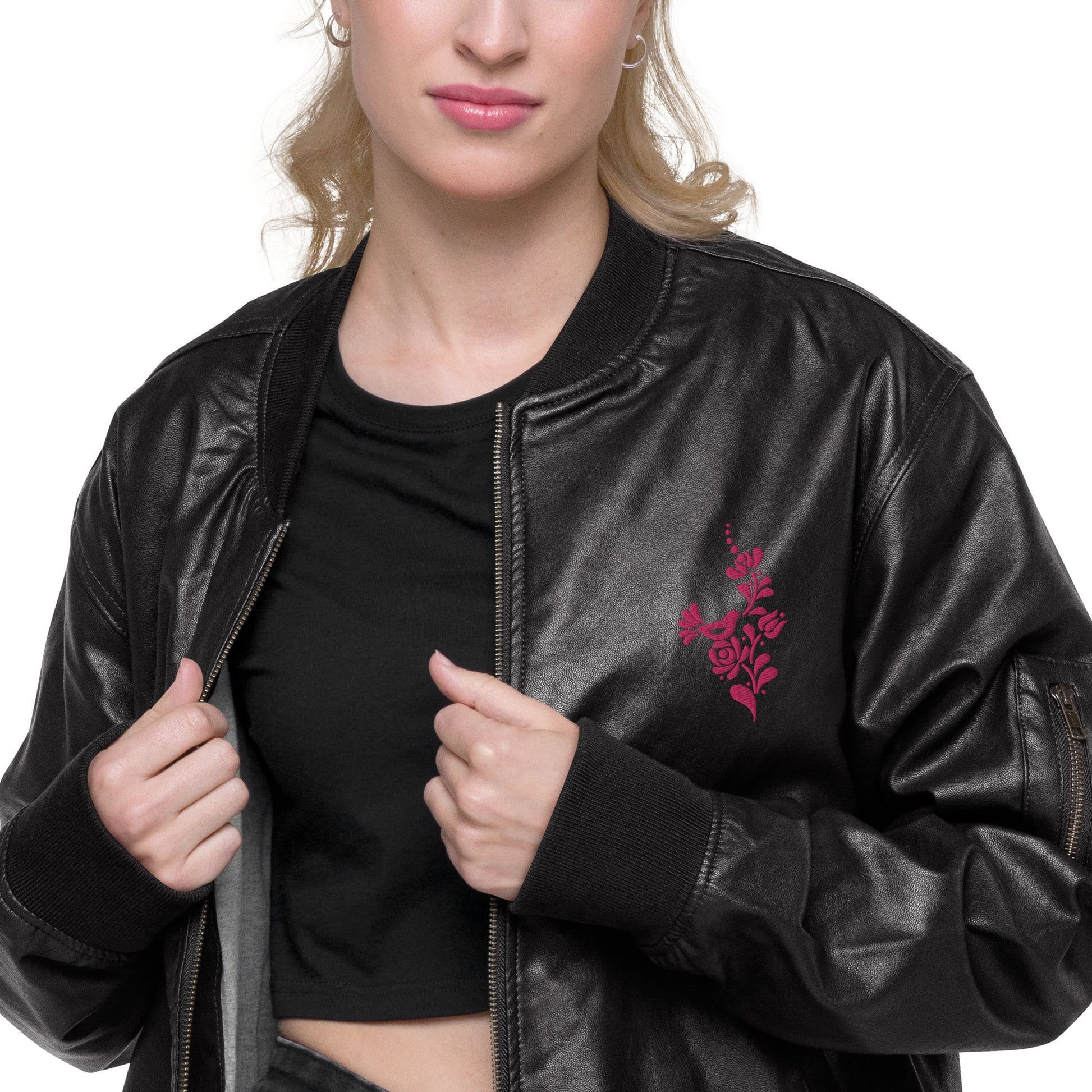 Leather Bomber Jacket With Embroidered Hungarian Folk-Art Design - Tas - Red Rosehip Studio